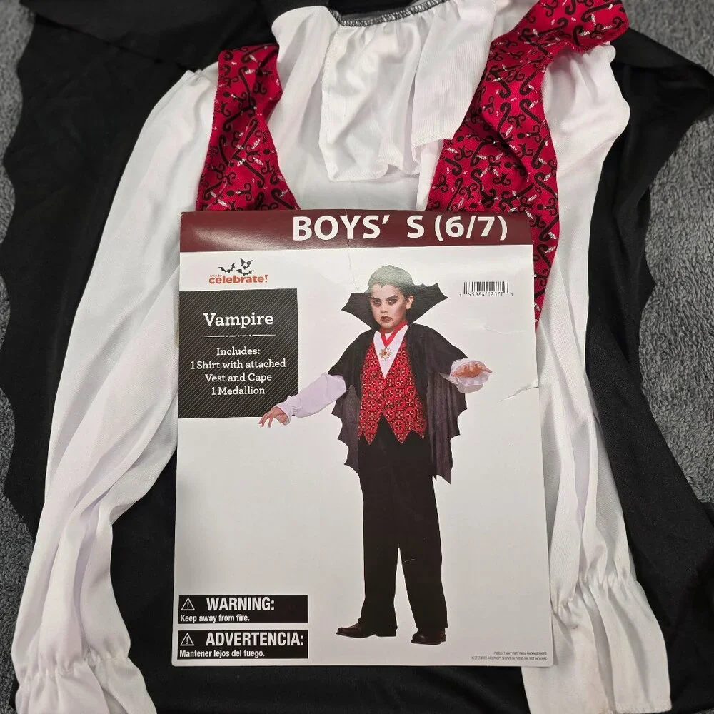 Boys Vampire Costume S 6/7 Shirt Vest Cape Halloween Celebrate - NO Medallion